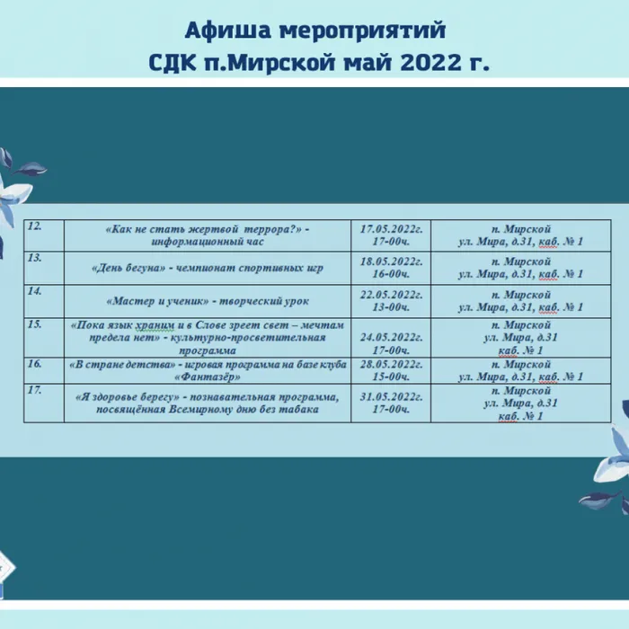 Афиша мероприятий с 01.05.22 г. по 31.05.22 г.